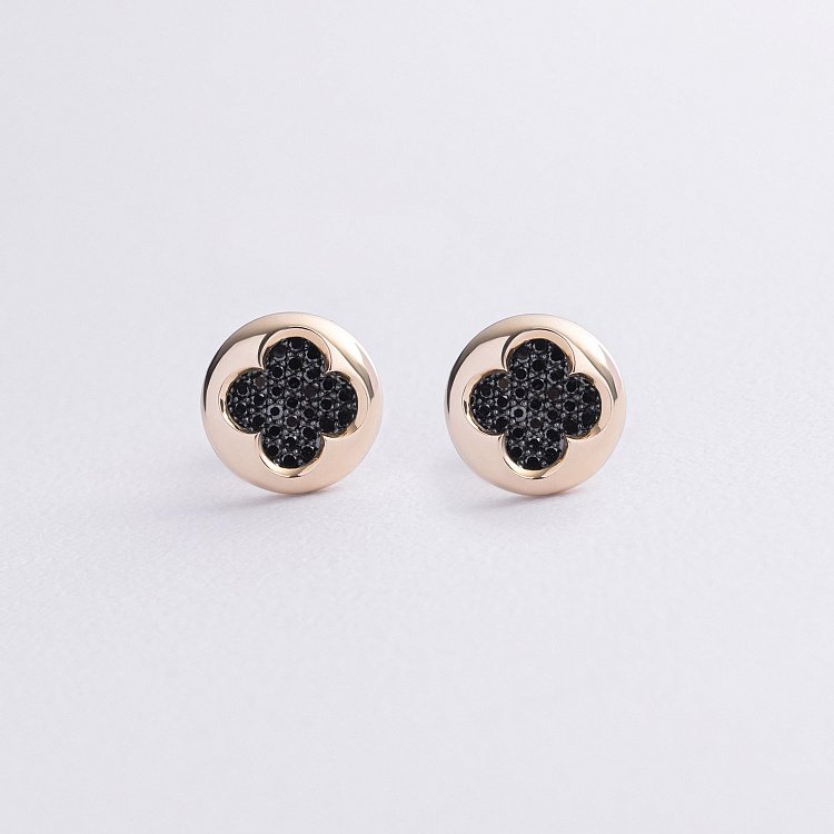 Золотые серьги - пусеты "Клевер" с черными бриллиантами 341161622 от ювелирного магазина Оникс
