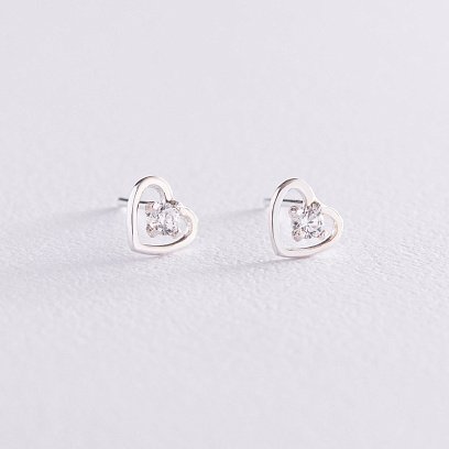Серебряные серьги - пусеты "Сердечки" с фианитами 123060