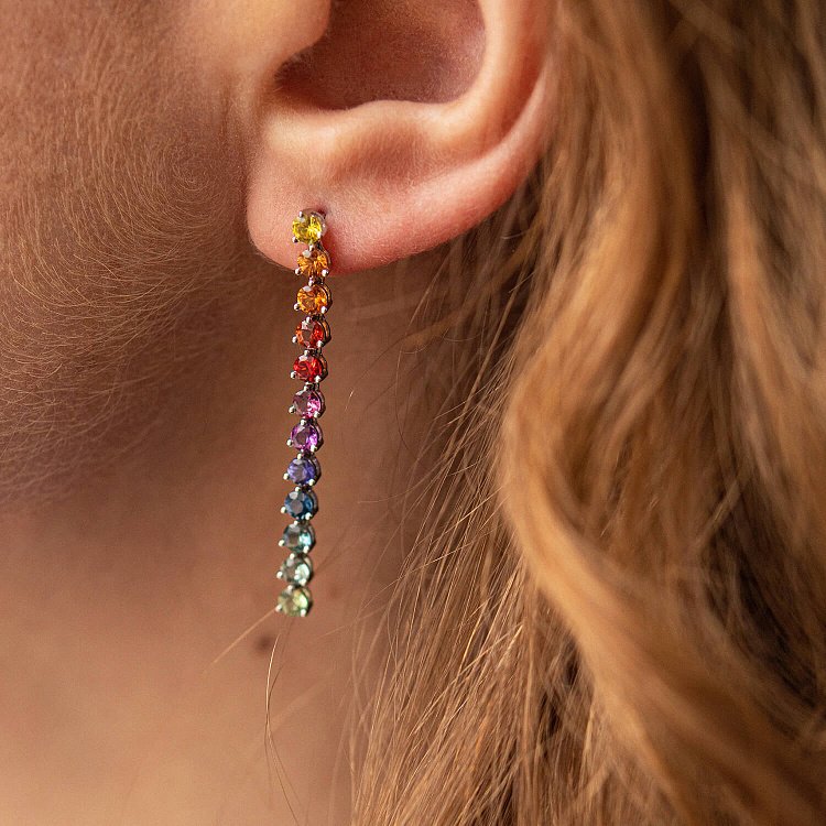 Золоті сережки - пусети з різнокольоровими сапфірами сб0448nl від ювелірного магазину Онікс - 4