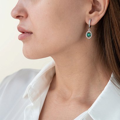 Серебряные серьги с хризопразами и фианитами 121404 №2