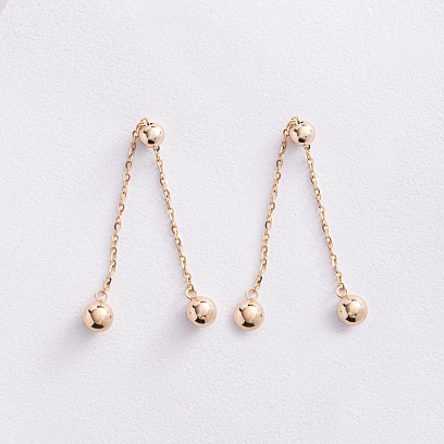 Серьги - пусеты с шариками на цепочке (желтое золото) 580142м №2