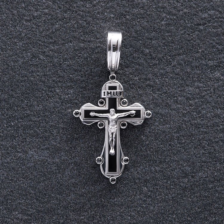 Серебряный крестик "Распятие. Спаси и Сохрани" (эмаль, куб. цирконий) 1022 от ювелирного магазина Оникс