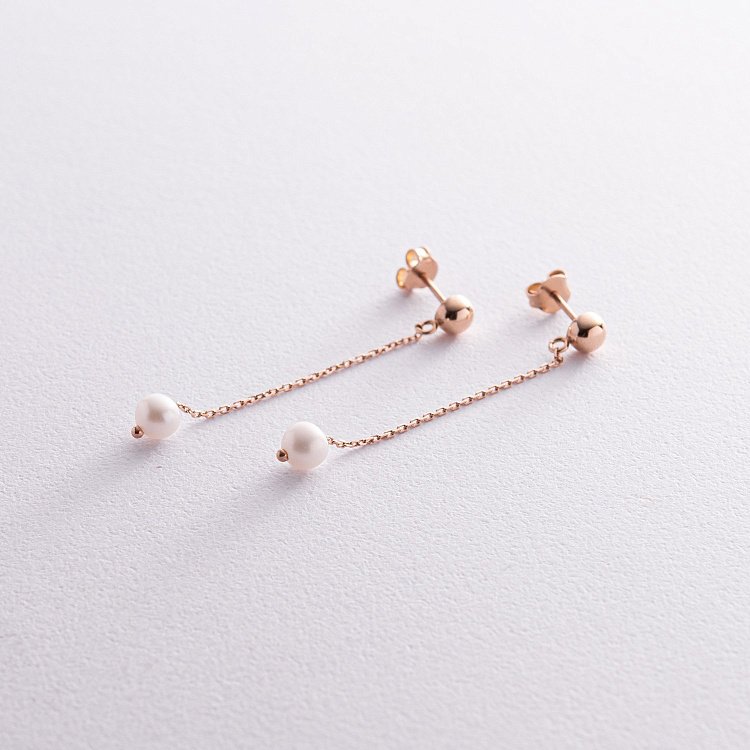 Сережки - пусети "Перлина на ланцюжку" у червоному золоті с08291 від ювелірного магазину Онікс - 2