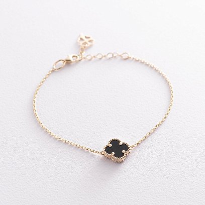 Золотой браслет "Клевер" с ониксом б04392