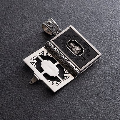 Срібний православний кулон - книга "Миколай Чудотворець. Спаси та Збережи" з ебеновим деревом 1348 №3