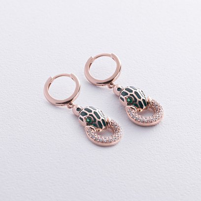 Золоті сережки "Змії" (емаль, фіаніт) с08695 №3