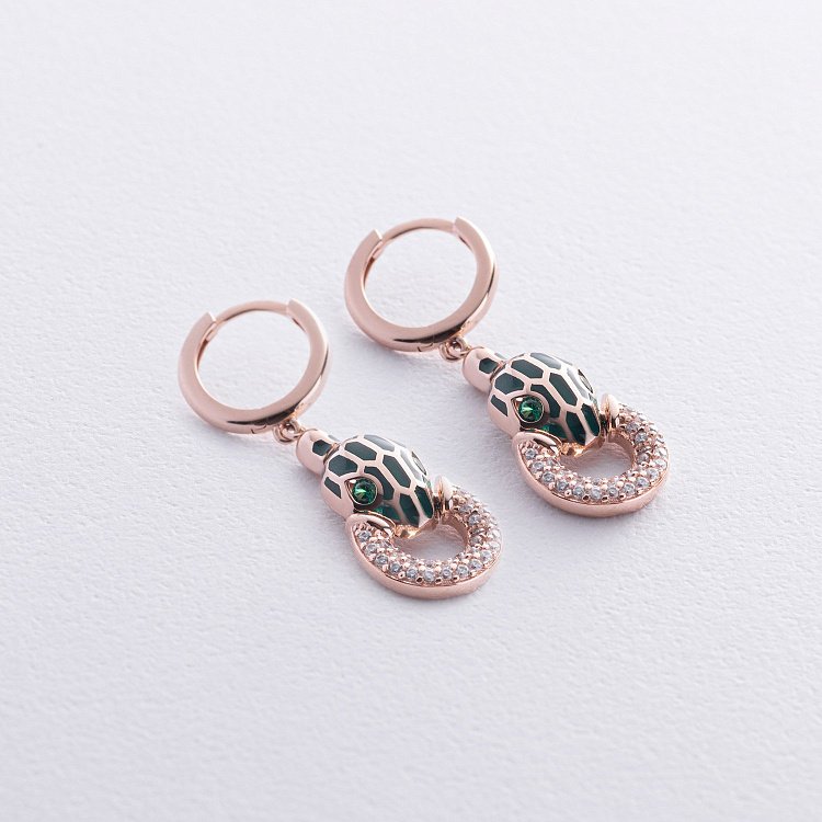 Золоті сережки "Змії" (емаль, фіаніт) с08695 від ювелірного магазину Онікс - 2