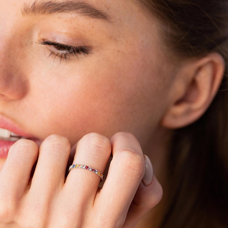 Золота каблучка з різнокольоровими сапфірами та діамантами кб0504gl від ювелірного магазину Онікс - 1