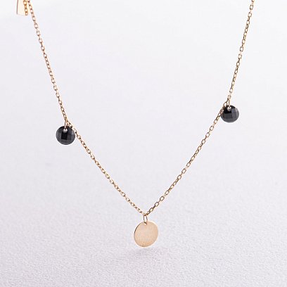 Золотий браслет "Сердечка і монетка" на ногу (чорні фіаніти) б04796 №9