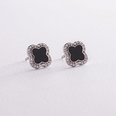 Серебряные серьги - пусеты "Клевер" (эмаль, фианиты) 065210 №5
