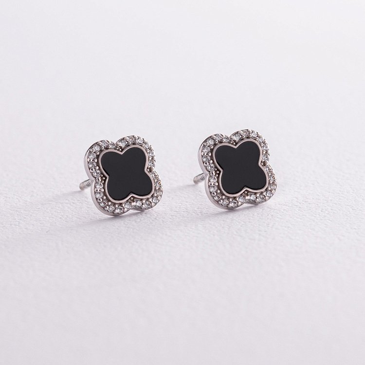 Серебряные серьги - пусеты "Клевер" (эмаль, фианиты) 065210 от ювелирного магазина Оникс - 4