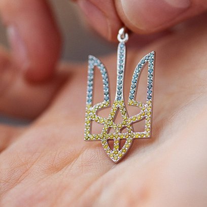 Золотой кулон "Герб Украины - Тризуб" с голубыми и желтыми бриллиантами 129951121 №3