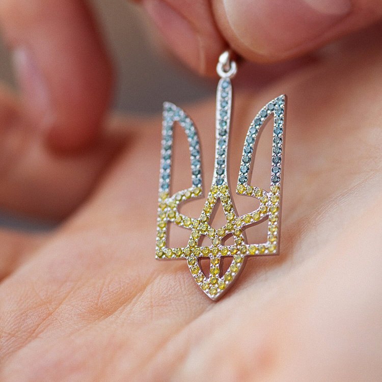 Золотой кулон "Герб Украины - Тризуб" с голубыми и желтыми бриллиантами 129951121 от ювелирного магазина Оникс - 2