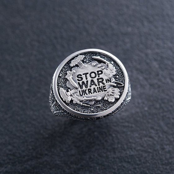 Чоловіча срібна печатка "Stop war in Ukraine" 112723 №3