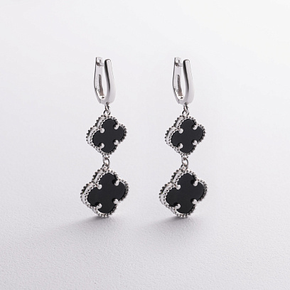 Серебряные серьги "Клевер" с ониксом 123498