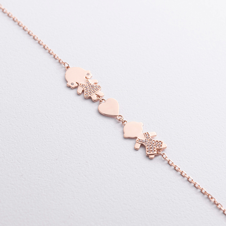 Браслет "Девочка, мальчик и сердечко" в красном золоте (фианиты) б05664 от ювелирного магазина Оникс - 1