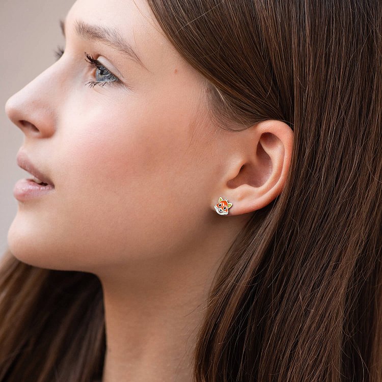 Детские серьги - пусеты "Лисичка" в серебре (эмаль) 1066 от ювелирного магазина Оникс - 1