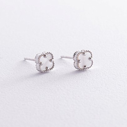 Cерьги - пусеты "Клевер" с перламутром mini (белое золото) с08413