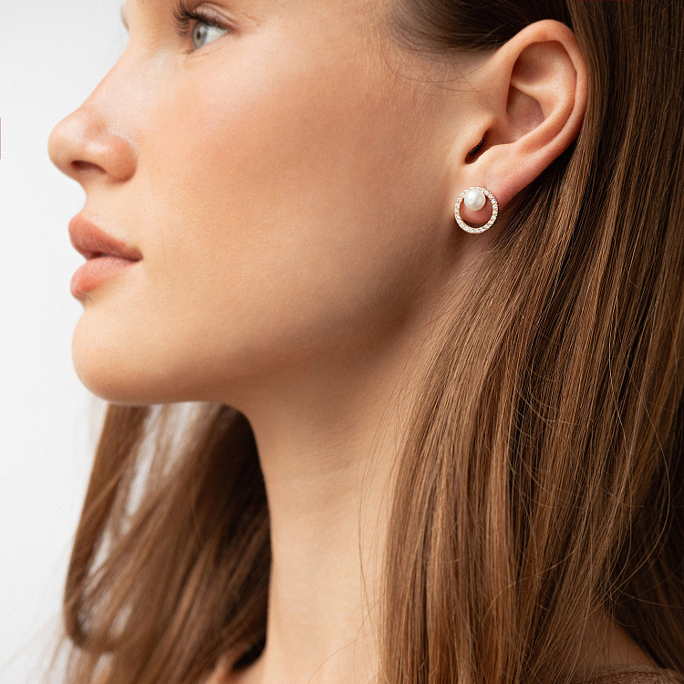 Золоті сережки - пусети "Кругообіг" (перли, фіаніти) с09178 від ювелірного магазину Онікс - 3