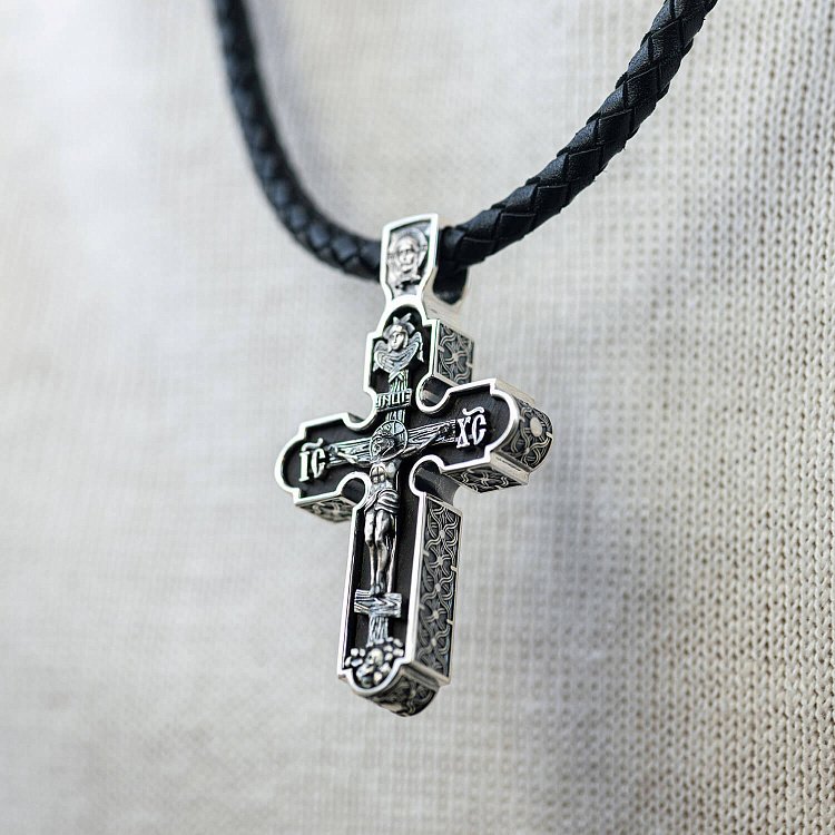 Чоловічий православний хрест "Розп'яття. Спаси і Збережи" з ебенового дерева та срібла 1214 від ювелірного магазину Онікс - 1