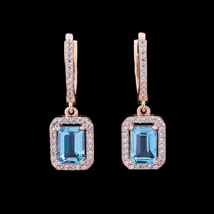 Золоті сережки з блакитним топазом і фіанітами с04175 від ювелірного магазину Онікс - 2