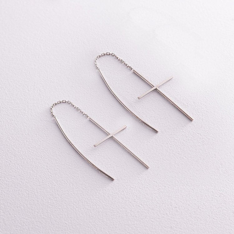 Серебряные серьги - протяжки "Крестики" 122837 от ювелирного магазина Оникс