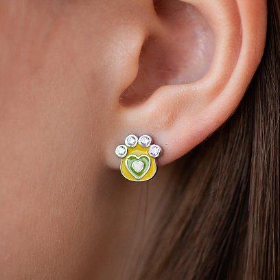 Детские серьги - пусеты "Лапки" в серебре (эмаль, фианиты) 445 №4