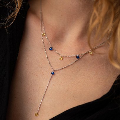 Подвійне золоте кольє - краватка "Українка" (сині та жовті фіаніти) кол02332 №2