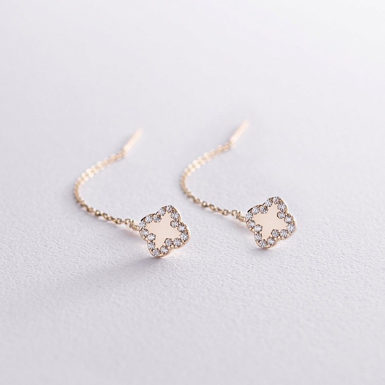 Серьги - протяжки "Клевер" в желтом золоте (фианиты) с08158 от ювелирного магазина Оникс