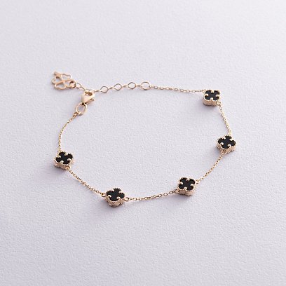 Браслет "Клевер" с ониксом mini (желтое золото) б05244