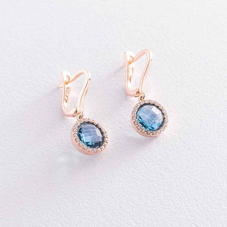Золотые серьги с голубыми и белыми фианитами с07407 от ювелирного магазина Оникс