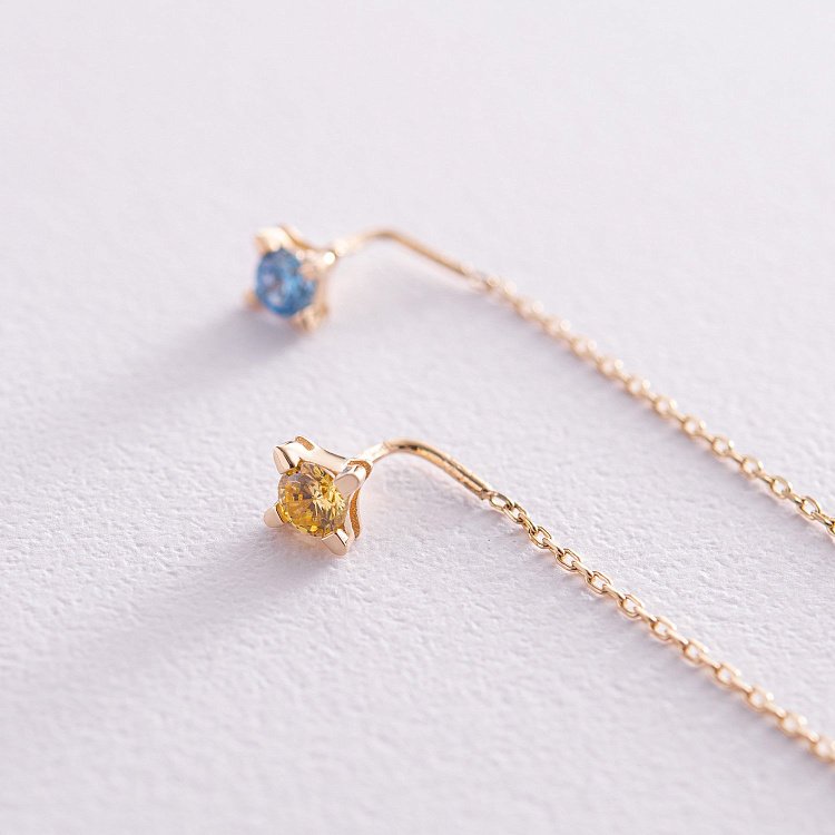 Серьги - протяжки в желтом золоте (голубые и желтые фианиты) с08123 от ювелирного магазина Оникс - 2