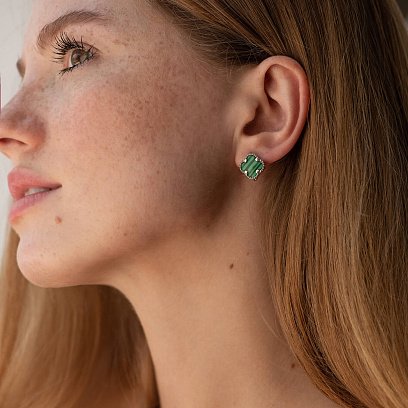 Серебряные серьги "Клевер" синт. малахит 121589 №2