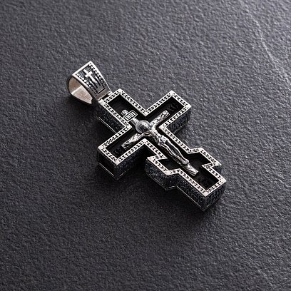 Чоловічий православний хрест "Розп'яття. Спаси та Збережи" з ебенового дерева та срібла 1329 №3