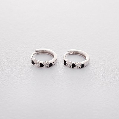 Серебряные серьги - кольца с сердечками (эмаль, фианит) 122455