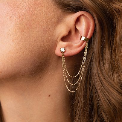 Сережка - каффа "Трініті" в жовтому золоті з ланцюжками (фіаніт) с08041 №6