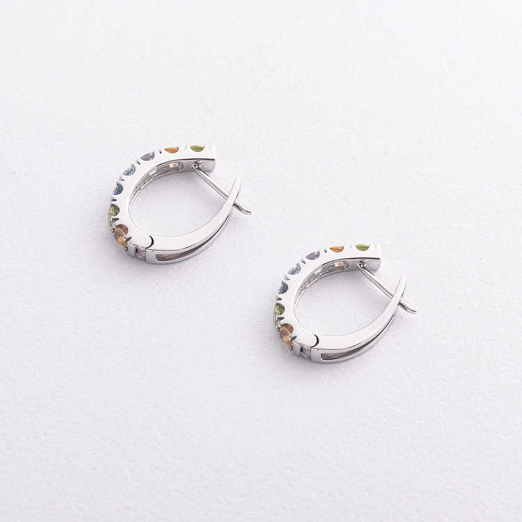 Золоті сережки з доріжкою різнокольорових натуральних каменів с09570 від ювелірного магазину Онікс - 1