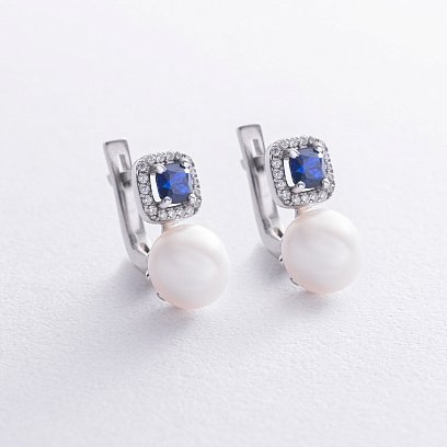 Срібні сережки з перлами, синт. сапфірами та фіанітами 2487/1р-PWTNS
