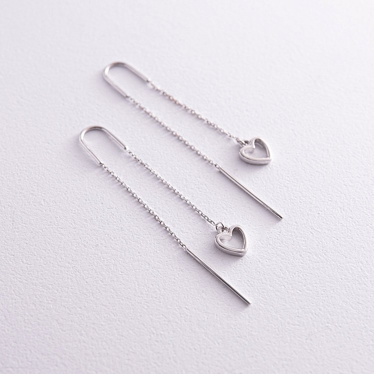 Серьги - протяжки "Сердечки" в белом золоте с08005 от ювелирного магазина Оникс