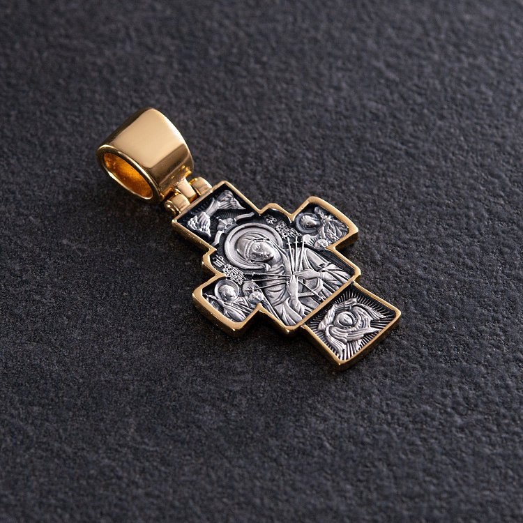 Серебряный православный крест с позолотой "Господь Вседержитель. Икона Божией Матери "Семистрельная" 132386 от ювелирного магазина Оникс - 2