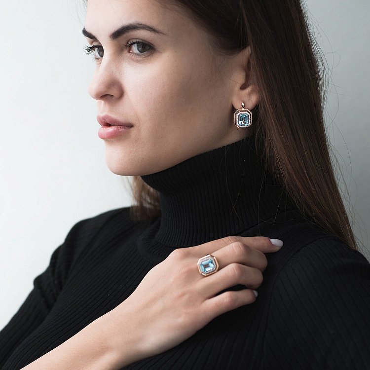 Сережки золоті з блакитним топазом і фіанітами с03117 від ювелірного магазину Онікс - 6