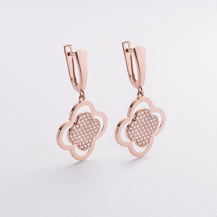 Сережки - кільця "Конюшина" в червоному золоті (фіаніти) с09313 від ювелірного магазину Онікс