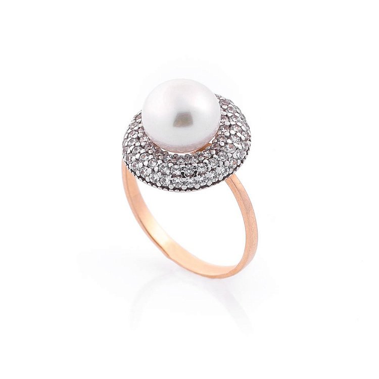 Золота каблучка (культ. прісн. перли, фіаніти) к01587 від ювелірного магазину Онікс