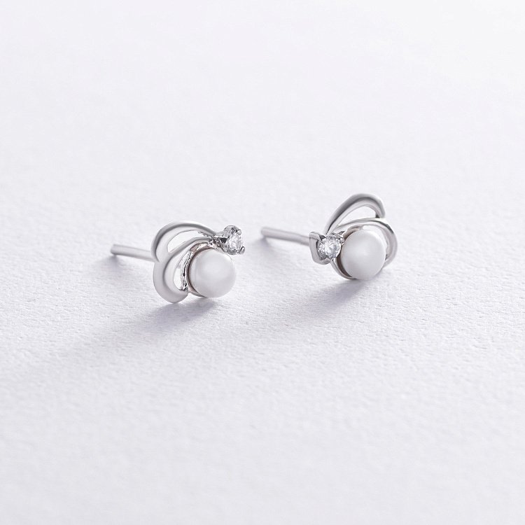 Срібні сережки - пусети (культ. прісн. перли, фіаніт) 12645 від ювелірного магазину Онікс - 2