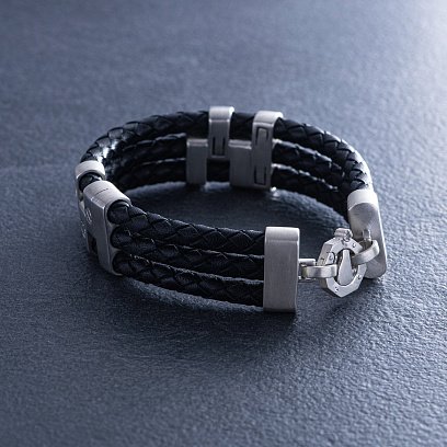 Мужской серебряный браслет с фианитами (кожа) 368 №4