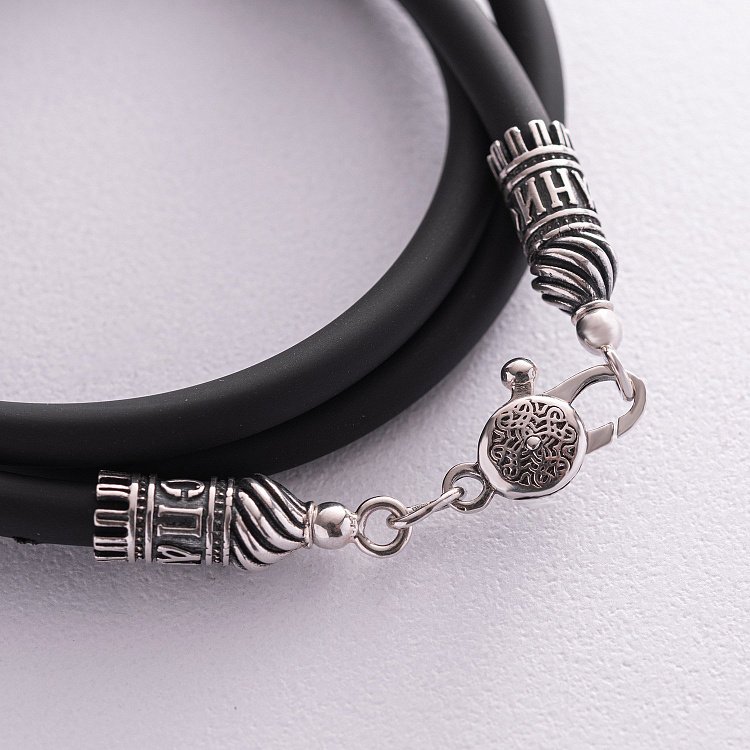 Каучуковый шнурок "Спаси и сохрани" с серебряной застежкой (5мм) 18412 от ювелирного магазина Оникс - 1