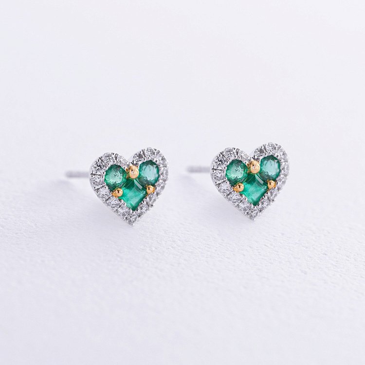 Золоті сережки - пусети "Сердечки" зі смарагдами та діамантами сб0522cha від ювелірного магазину Онікс