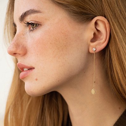 Золоті сережки "Монетки на ланцюжку" з фіанітами с08709 №2