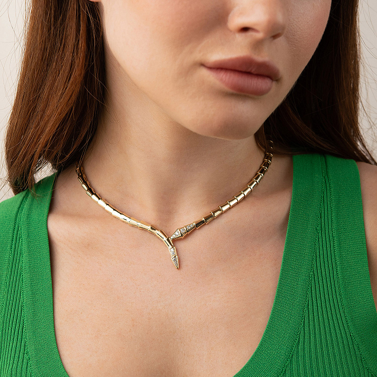 Колье "Змея" в желтом золоте (фианиты) кол02629 от ювелирного магазина Оникс - 1