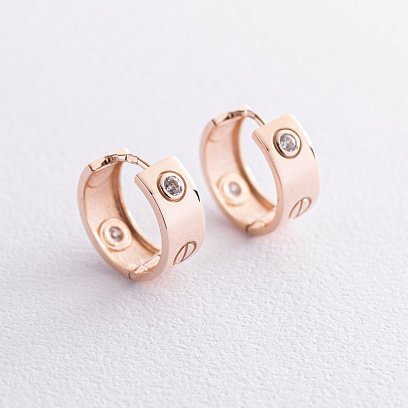 Серьги - кольца "Love" в красном золоте (фианиты) с07215 №5